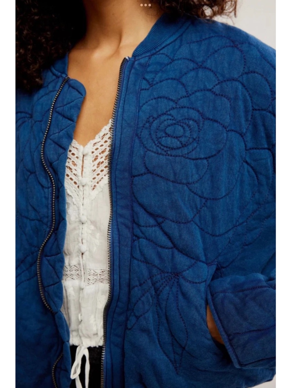 Free People Blue Quilted Rose Quinn Zip Bomber Jacket - Picture 5 of 5